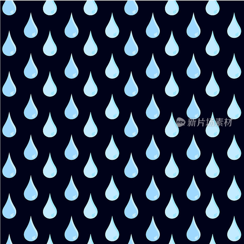 Seamless pattern of blue water drops on black. Rain design element